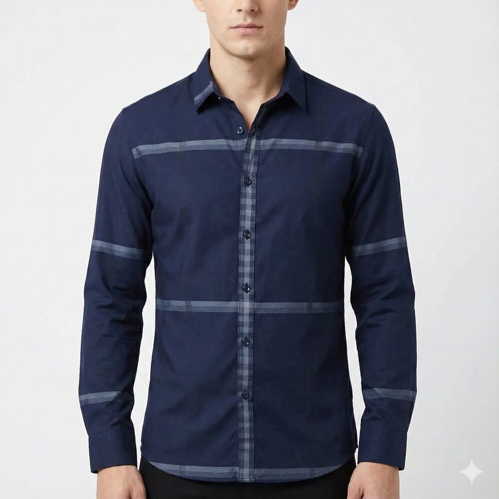Men's Modern Fit Casual Button-Down Shirt – Midnight Navy with Horizontal Accent